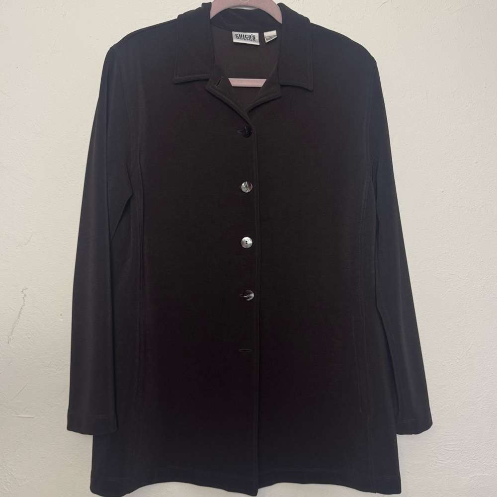CHICOS Chocolate Brown Full Button Collar Slinky Shacket